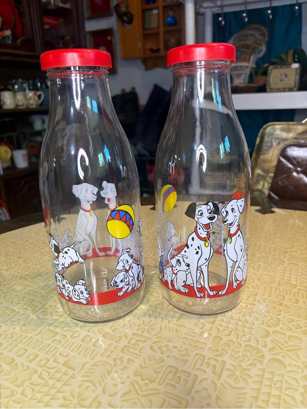 Vintage Dalmatian Glass Milk Bottles with Red Lids